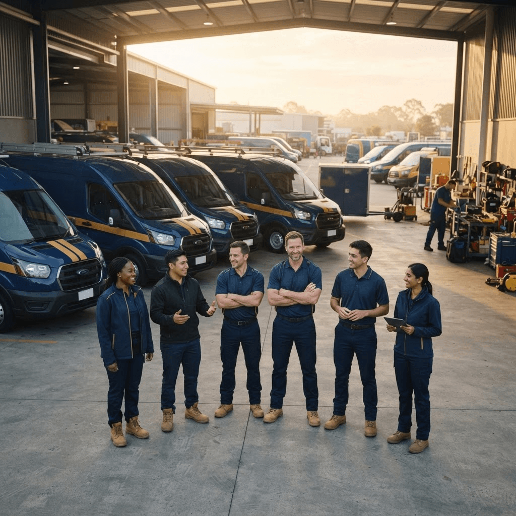 A Mobiliq team standing beside their branded service vans at a bright depot